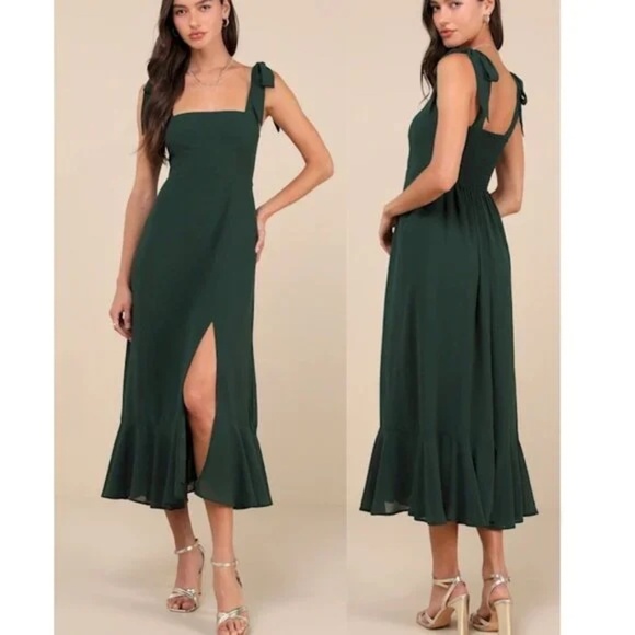 Lulus Summer Invite Emerald Green Tie-Strap Tiered Midi Dress Size XS - Picture 4 of 10